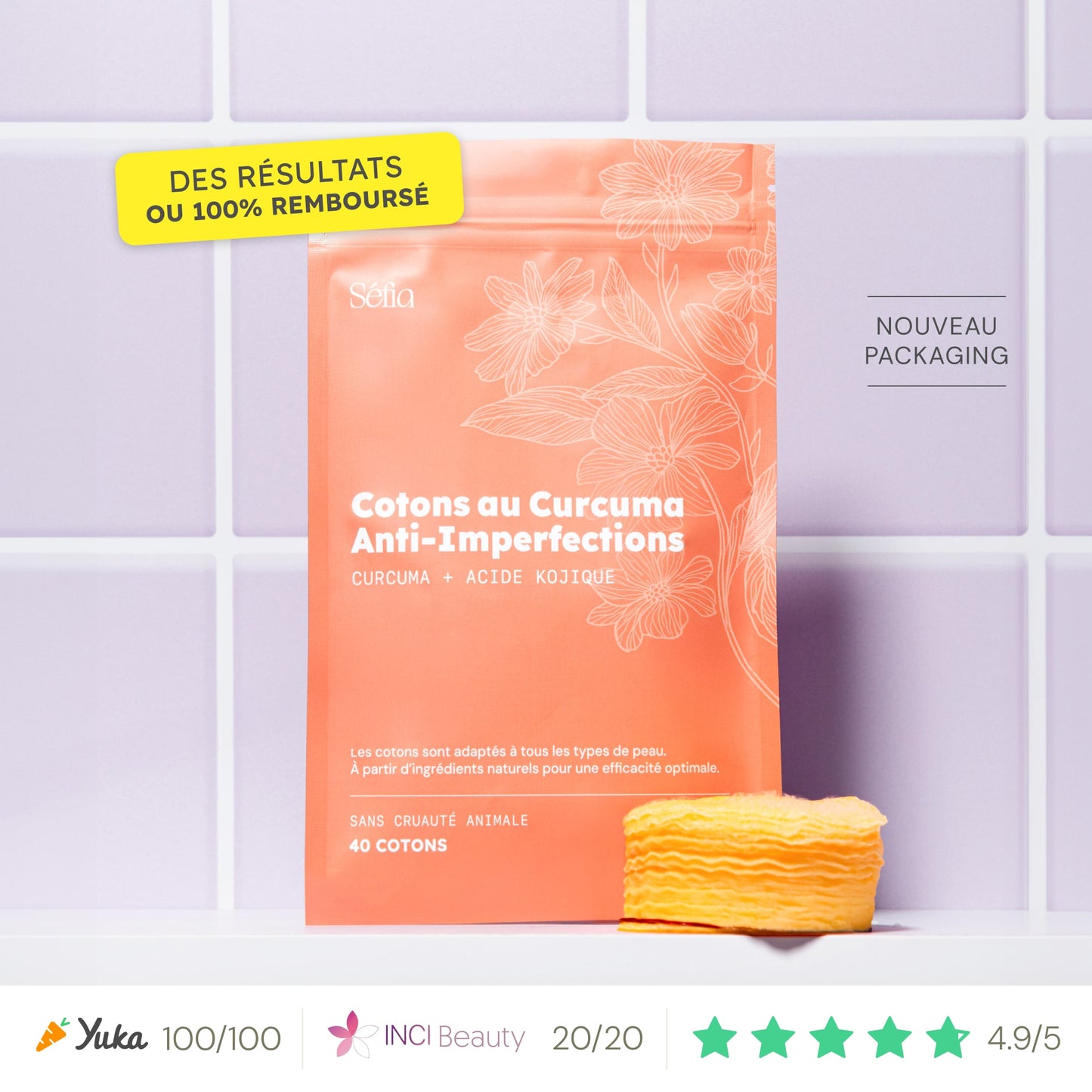 Cotons au curcuma anti-imperfections pour le visage – sachet de 40 cotons – Sefia